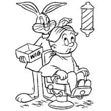 Coloriage Bugs Bunny en coiffeur avec une boîte de perruque