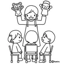 Coloriage Enseignante présentant un spectacle de marionnettes aux enfants