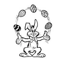 Coloriage Jongleur lapin de Pâques avec des œufs décorés