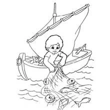 Coloriage Pêcheur ramenant un filet de poissons