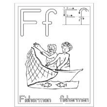 Coloriage Pêcheur, lettre F avec deux pêcheurs tirant un filet