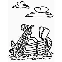 Coloriage Pêcheur remontant son filet plein de poissons