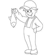Coloriage Pêcheur tenant fièrement un poisson