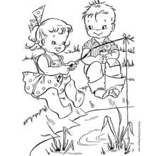Coloriage Deux enfants pêcheurs au bord de l'étang