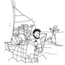 Coloriage Pêcheur Pierre tirant un filet sur un voilier
