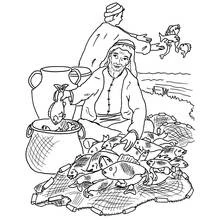 Coloriage Pêcheur triant sa prise de poissons