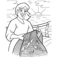 Coloriage Pêcheur tenant un filet rempli de poissons sur son bateau