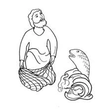 Coloriage Pêcheur tenant un filet près d'un poisson bondissant