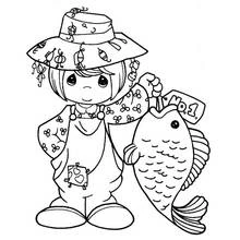 Coloriage Pêcheur enfant tenant un gros poisson