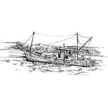 Coloriage Pêcheur bateau traditionnel sur l'eau