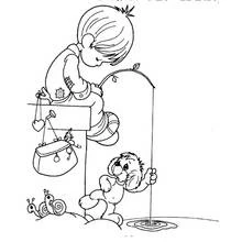 Coloriage Pêcheur enfant assis sur un pont avec son chien