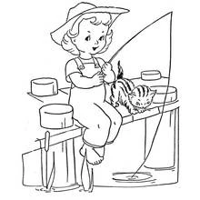 Coloriage Petite fille pêcheuse avec son chaton