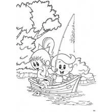Coloriage Pêcheur enfants et chien dans une barque