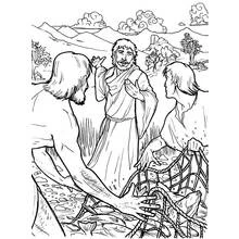 Coloriage Pêcheur discutant près d'un filet de poisson