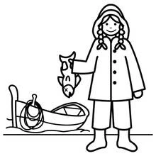Coloriage Pêcheur : petite fille tenant un poisson