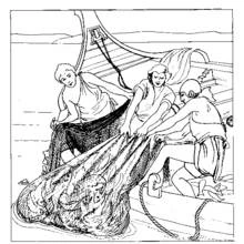 Coloriage Pêcheurs tirant un filet rempli de poissons