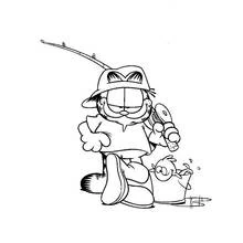 Coloriage Garfield habillé en pêcheur