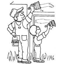 Coloriage Peintre et son apprenti peignant un encadrement de porte