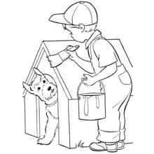 Coloriage Peintre garçon peignant une niche pour chien