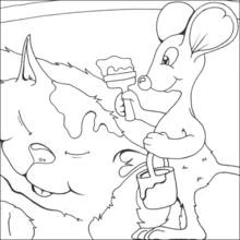 Coloriage Peintre souris colorant la tête d'un grand chien