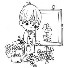 Coloriage Peintre en herbe tenant une toile fleurie