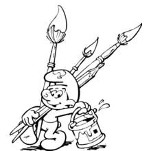 Coloriage Peintre schtroumpf tenant des pinceaux et un seau de peinture