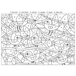 Coloriage Oiseaux perchés parmi des branches feuillues