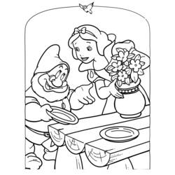 Coloriage Blanche Neige dressant la table avec un nain