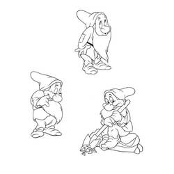 Coloriage Blanche Neige et les Sept Nains en trois poses