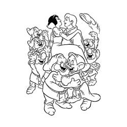 Coloriage Blanche Neige dansant avec le Prince entourée des sept nains