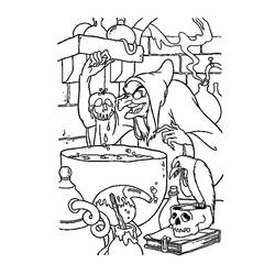 Coloriage Blanche Neige la vieille sorcière préparant une potion
