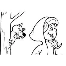 Coloriage Le Petit Chaperon rouge et le loup caché derrière l'arbre