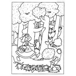 Coloriage Chaperon rouge en forêt, loup caché derrière un arbre