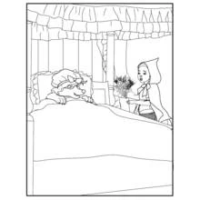 Coloriage Le Petit Chaperon rouge rendant visite au loup dans le lit