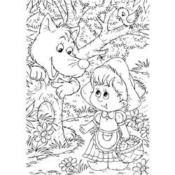 Coloriage Le Petit Chaperon rouge rencontre le loup dans la forêt
