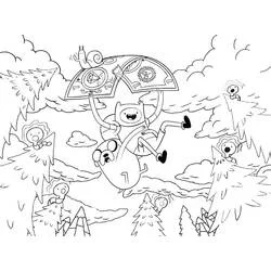 Coloriage Finn et Jake volant avec un parapluie déchiré
