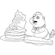 Coloriage Alvin devant une pile de pancakes géante
