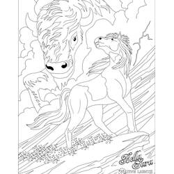 Coloriage Bella Sara cheval face à un bison spirituel géant