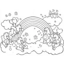 Coloriage Bisounours jouant sur des nuages avec un arc-en-ciel