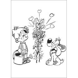 Coloriage Boule et Bill devant un rosier fleuri