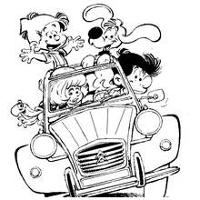 Coloriage Boule et Bill en famille dans la 2 CV