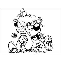 Coloriage Boule et Bill entourés d'oiseaux au printemps