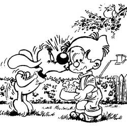 Coloriage Boule et Bill jouant avec un os dans le jardin