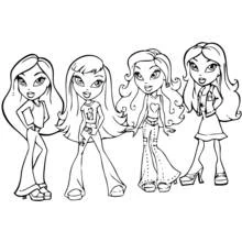 Coloriage Bratz filles posant ensemble en tenues stylées