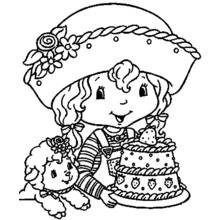 Coloriage Fraisinette tenant un gâteau aux fraises