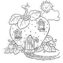 Coloriage Fraisinette maison-fraise avec soleil et fenêtres