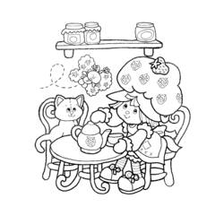 Coloriage Fraisinette prenant le thé avec son chat