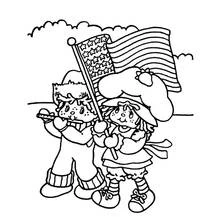 Coloriage Fraisinette et son ami défilent avec un drapeau