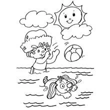 Coloriage Fraisinette joue à la balle avec son chien dans l'eau