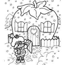 Coloriage Fraisinette devant sa maison-fraise sous la neige